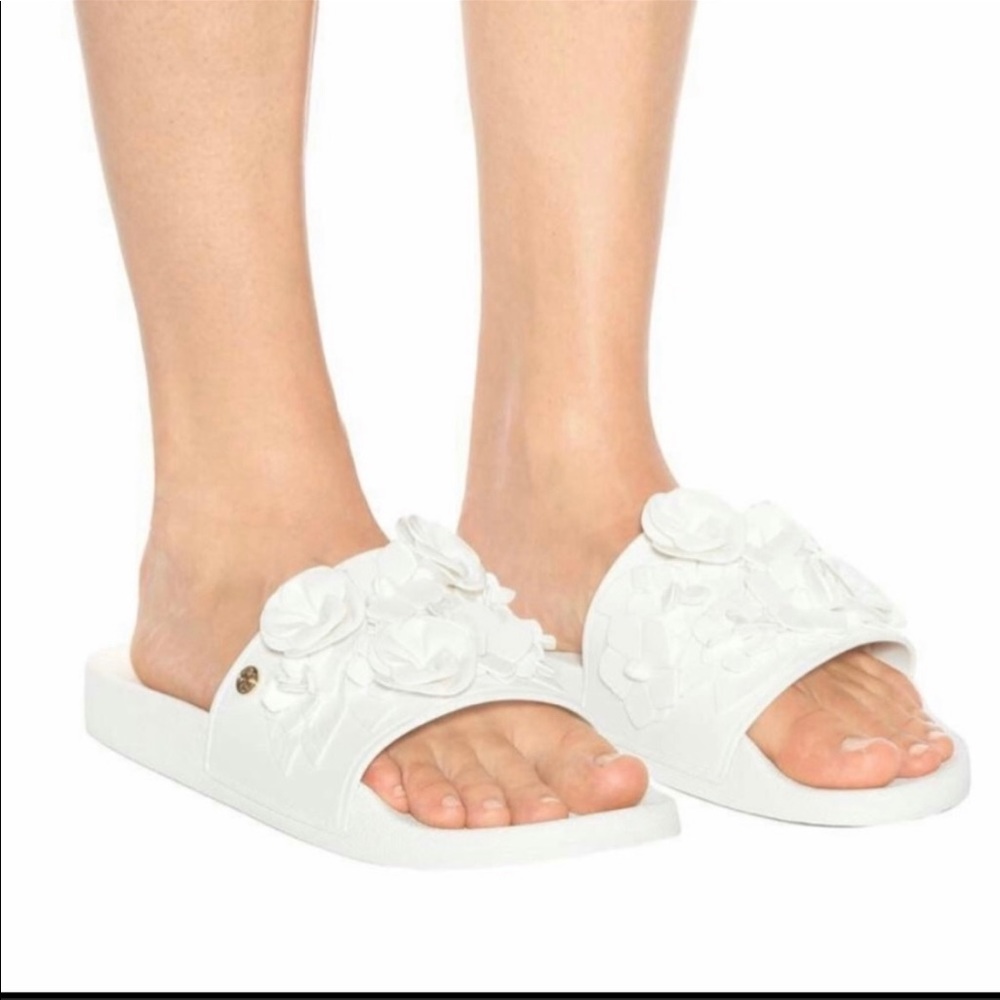 Tory Burch Blossom Floral Applique Slides In White